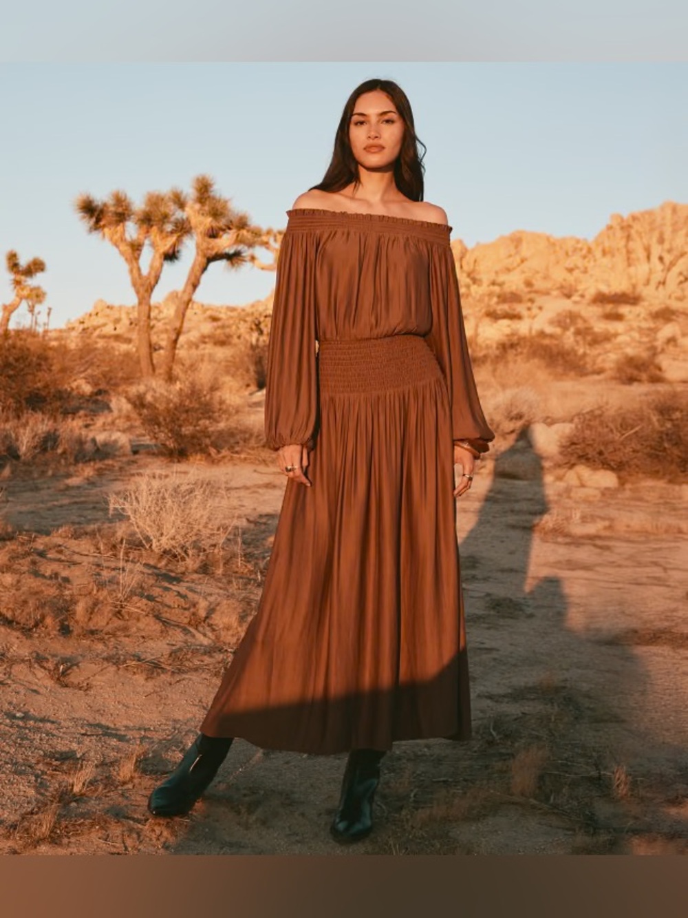 LOFT petite Off-the-Shoulder Smocked-Waist Maxi in Chocolate Brown